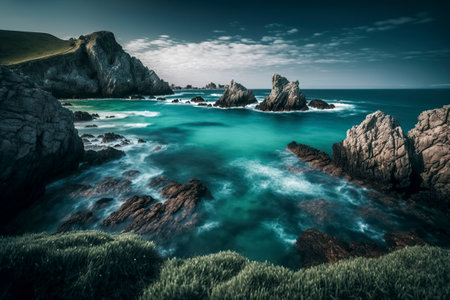 rocky coastline with a beautiful blue ocean, dramatic clouds in the sky, and a warm, golden toneの素材