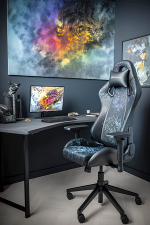 modern home office with a black desk, a galaxy print gaming chair, a computer, and abstract wall artの素材