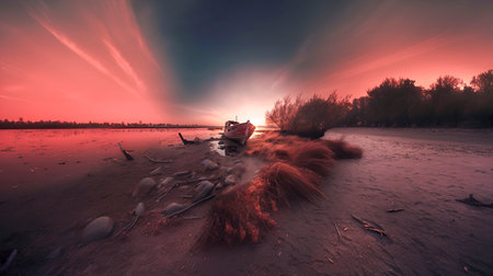 rusted boat on a rocky beach at sunset, under a dramatic sky with pink and orange huesの素材