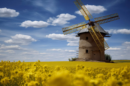 windmill stands in a field of vibrant yellow flowers under a sky filled with fluffy white cloudsの素材