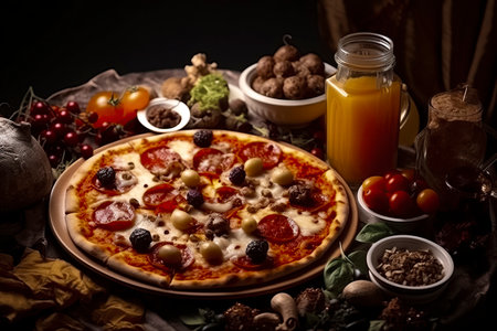 pizza with various toppings including pepperoni, mushrooms, olives, and mozzarella cheese, served with accompaniments on a dark tableの素材