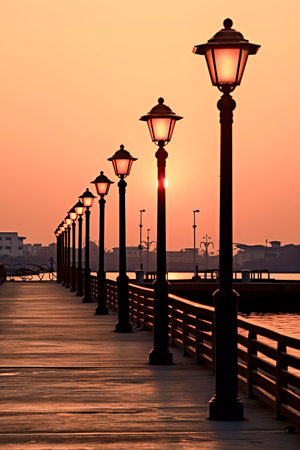 sunset photo of a wooden boardwalk with classic street lamps, overlooking buildings and waterの素材
