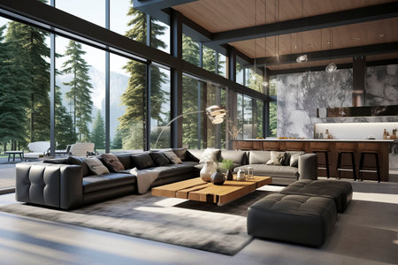 modern living room with a large glass window overlooking mountains, furnished with a gray sectional sofa and wooden coffee tableの素材