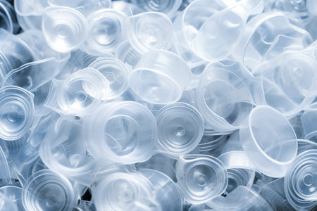 close-up photo of a pile of clear plastic cups with a blue tint, stacked and overlapping against a blurred backgroundの素材