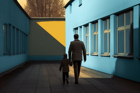 A man and a child are walking down a street with blue buildings under a yellow sky. The scene has a surreal, dreamlike qualityの素材