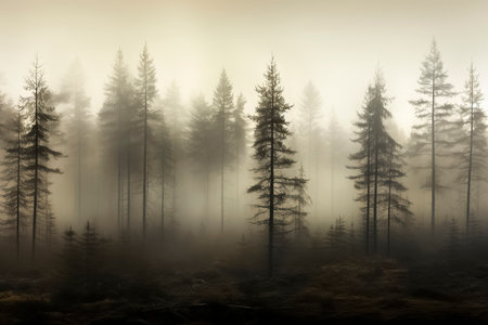 foggy forest with tall, thin coniferous trees and a ground covered in fallen leaves, creating an eerie moodの素材