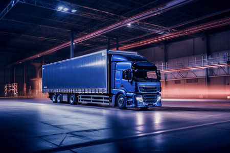 a blue truck with a trailer in a dramatically lit warehouse, suggesting motion with blurred lightsの素材
