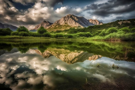 serene mountain range with a calm lake in the foreground under a cloudy skyの素材