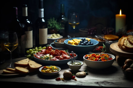 a table set with various dishes and drinks, including wine, bread, charcuterie, olives, and roasted vegetablesの素材