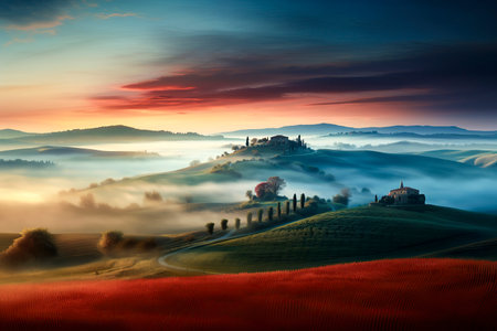 beautiful sunrise over a hilly landscape, with a winding road leading to a distant building, under a sky of deep red and orangeの素材