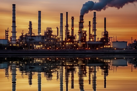 refinery at sunset, with smokestacks and lights reflecting on the water, and a backdrop of an orange skyの素材