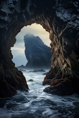 rocky archway with a view of the deep blue ocean and a large, pointed rock formation, under a slightly cloudy sky.の素材