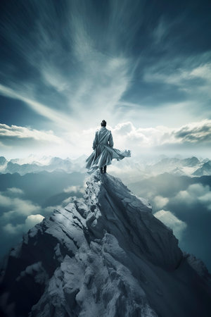 surreal depiction of a person in a robe standing on a mountain peak, with a dramatic sky and clouds in the backgroundの素材