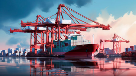 cargo ship is being loaded at a port with cranes and colorful shipping containers, against a city skyline and blue skyの素材
