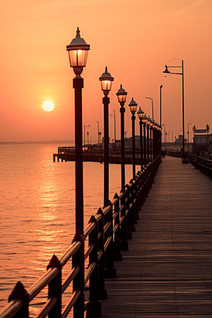 wooden pier at sunset with a row of traditional lamp posts, a calm water reflecting the beautiful orange skyの素材