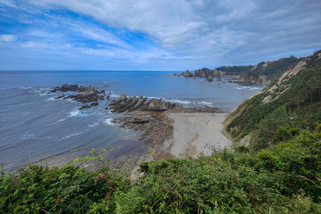 rocky beach cove with lush greenery on the cliffs under a beautiful blue skyの写真素材