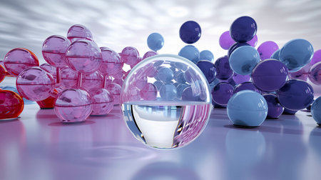 3D rendering of various-sized pink and blue spheres on a reflective surface, set against a cloudy sky backdropの素材