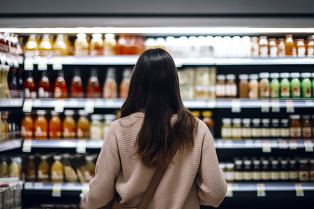 woman in a grocery store aisle, looking at shelves of juice bottles, dressed in a pink sweaterの素材