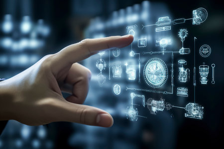 a hand interacting with a futuristic holographic interface with various icons and symbols in a server roomの素材