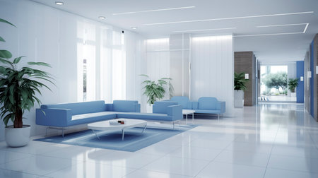 modern, bright waiting room with blue couches, a coffee table, and plants, bathed in natural lightの素材