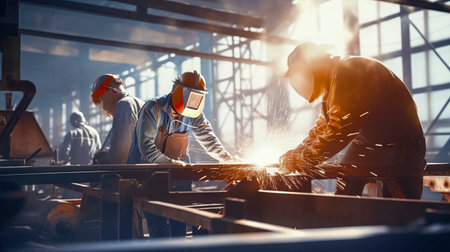 Three welders in protective gear working on a large metal structure in a factory, with sparks flyingの素材