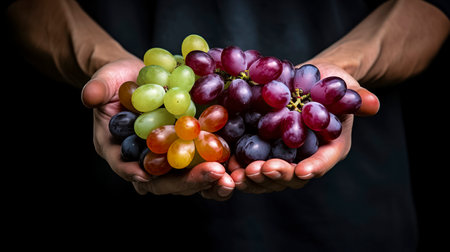 person s hands holding a bunch of grapes of different colors and sizes against a black backgroundの素材