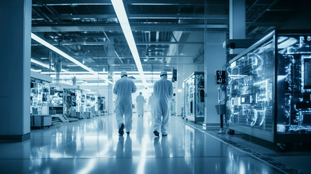two individuals in lab coats walking down a brightly lit hallway in a high-tech laboratory filled with various equipmentの素材