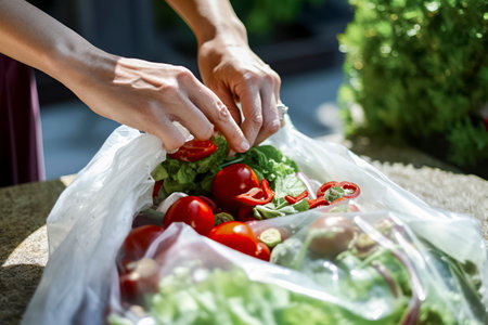 person's hands preparing a salad with fresh vegetables in a plastic bag in a gardenの素材