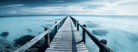 panoramic view of a wooden pier extending into a beautiful blue ocean under a cloudy skyの素材