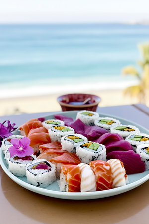 plate of colorful sushi sits on a white table, with a stunning ocean view in the backgroundの素材