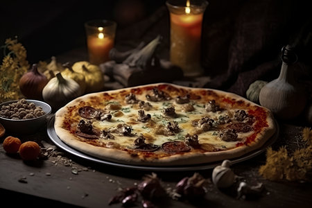 a pizza with various toppings is on a plate in a dark setting. Surrounding the plate are ingredients like garlic and mushroomsの素材