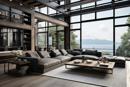 A modern living room with a large gray sectional sofa, a wooden coffee table, and a TV on the wall. The room overlooks the ocean and mountainsの素材