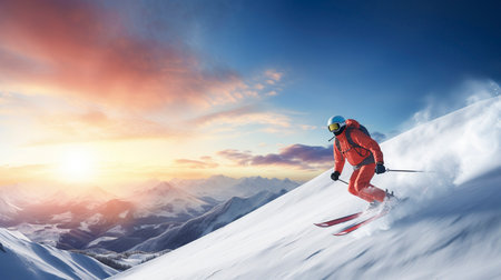 A skier in a red suit is skiing down a mountain, with a beautiful sunrise in the background casting orange and pink hues.の素材