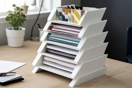 A white desk organizer with various papers and folders is on a desk, alongside a plant in a white pot and a pen holderの素材