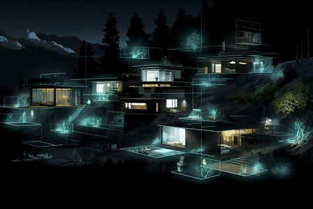 digital rendering of a modern, multi-level house on a hillside at night, highlighted with blue glowing outlinesの素材