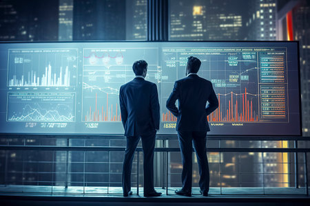 Two people are analyzing data on a large screen with various graphs and charts in a futuristic city settingの素材