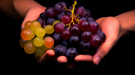 Hands holding a bunch of mixed green and purple grapes against a black background. The grapes are in focus, the hands slightly blurredの素材