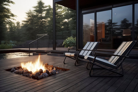 A modern patio with a fire pit and two lounge chairs overlooks a forest. The sky is dark blue, indicating the sun is settingの素材