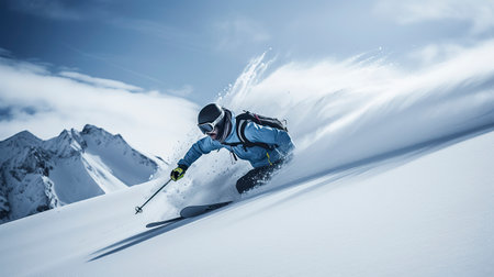 A skier in a blue jacket and helmet is carving down a snowy mountain, with a spray of snow behind them and a clear blue sky aboveの素材