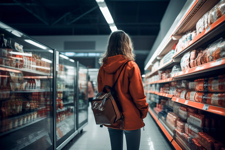 young woman in an orange jacket is walking down an aisle in a dimly lit grocery storeの素材