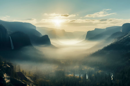 sunrise over a misty valley with mountains and a waterfall in the background, creating a serene landscapeの素材