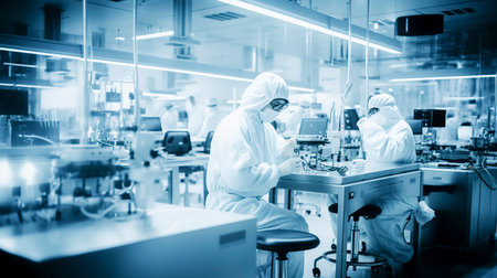 Two people in protective gear are working in a blue-tinted laboratory, surrounded by scientific equipment and floating moleculesの素材