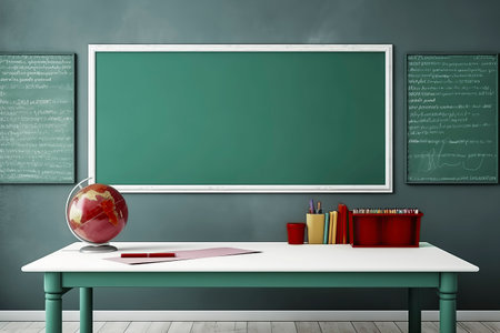 A classroom with a green chalkboard, a white desk with a red globe, and books on itの素材
