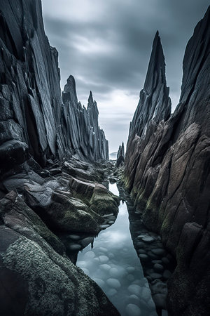 A rocky coastline with jagged cliffs extends into a calm, blue-green sea under a blue-gray, cloudy skyの素材