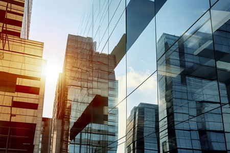 Modern skyscrapers made of glass and steel reflect the blue sky and sun, creating a warm, bright toneの素材