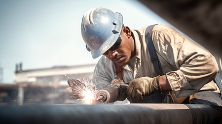 A welder in safety gear is at work on a construction site, cutting through material with a power tool, causing sparks to flyの素材