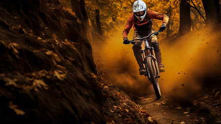 A person in a red jacket is mountain biking through a forest trail covered in autumn leaves, creating a warm, adventurous moodの素材