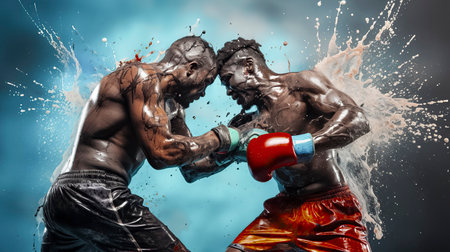 Two boxers, one in black shorts and the other in red, are fighting amidst splashing water against a blue gradient backgroundの素材