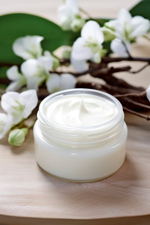 a white jar of cream on a wooden surface, surrounded by delicate white orchids and lush green tropical leavesの素材