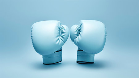 Two blue boxing gloves are touching each other, ready for a fight, against a solid blue background, creating a sense of anticipation and competitionの素材